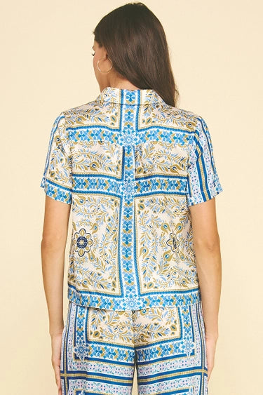 Pinch Scarf Button Up Satin Top - Blue