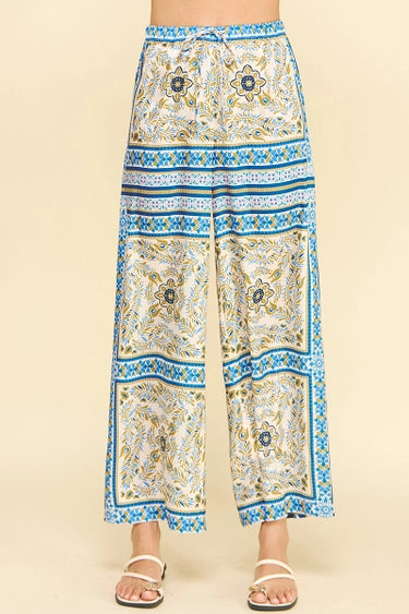 Pinch Scarf Print Wide Leg Pants - Blue