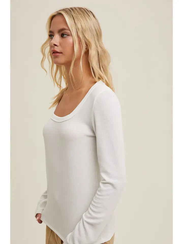 Wishlist Scoop Neck Fitted Ribbed Long Sleeve - Taupe/Cream