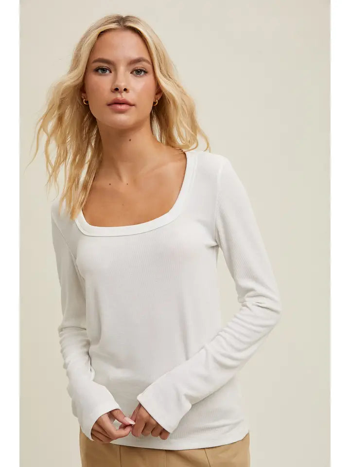 Wishlist Scoop Neck Fitted Ribbed Long Sleeve - Taupe/Cream