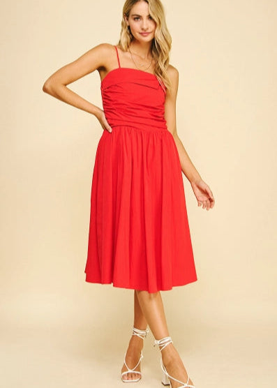 Pinch Shirring Detail Midi Dress - Red