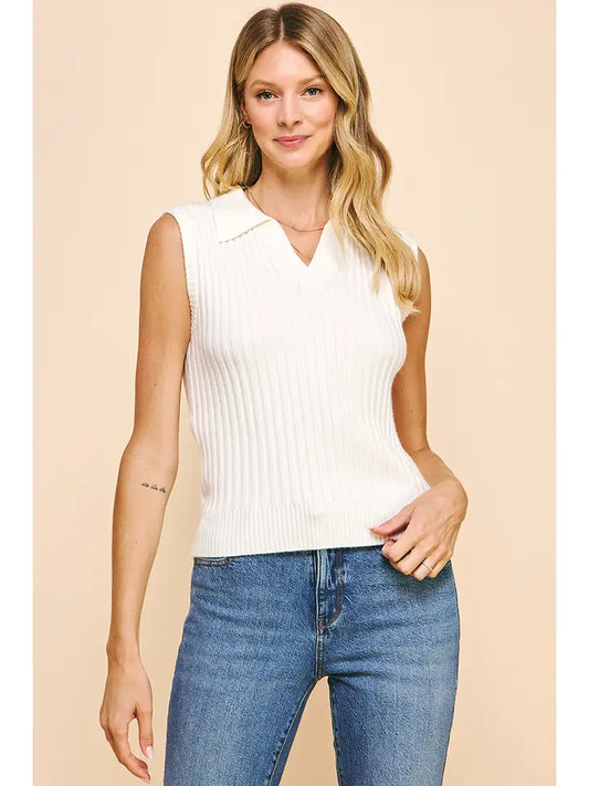 Pinch Sleeveless Collared Sweater Top - Ivory