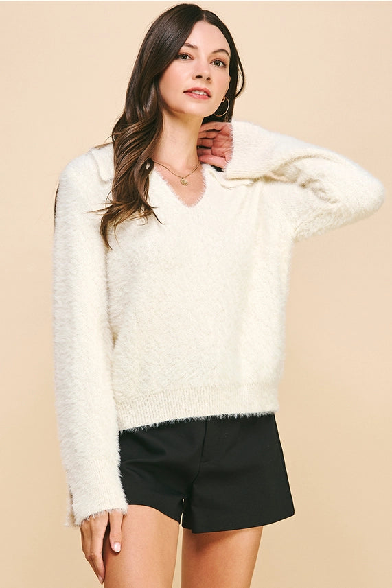 Pinch Soft Yarn Collared Sweater - Ivory