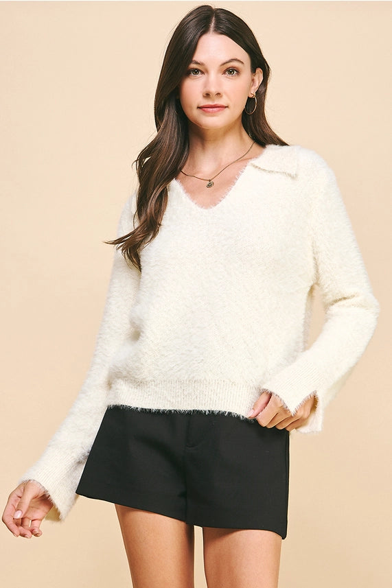 Pinch Soft Yarn Collared Sweater - Ivory