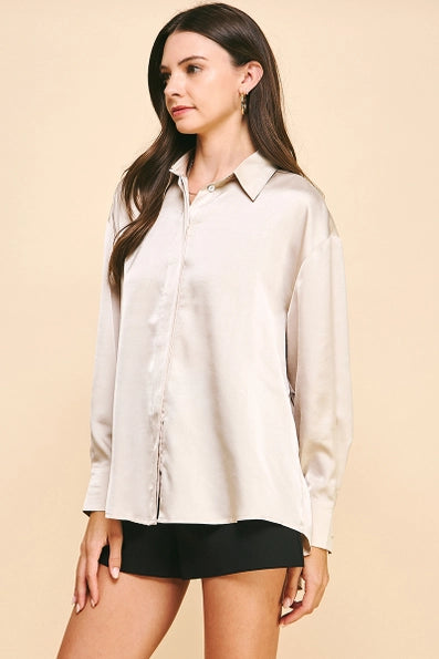 Pinch Solid Satin Long Sleeve Button Up - Oat