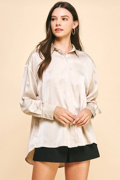 Pinch Solid Satin Long Sleeve Button Up - Oat