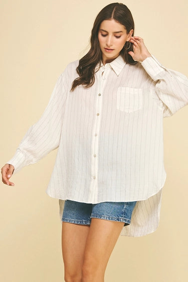 Pinch Striped High-Low Button Up Blouse