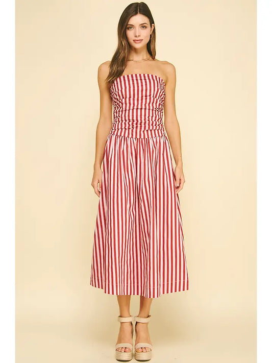 Pinch Striped Tube Dress - Pink/Wine