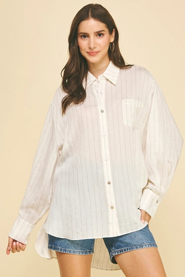 Pinch Striped High-Low Button Up Blouse
