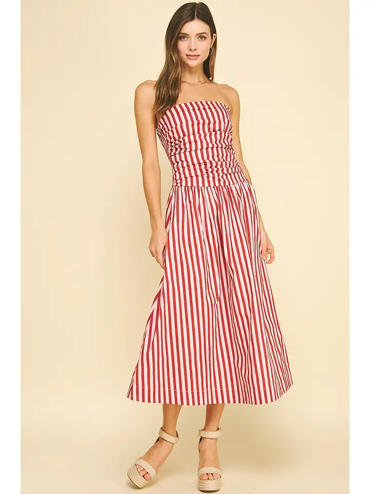 Pinch Striped Tube Dress - Pink/Wine