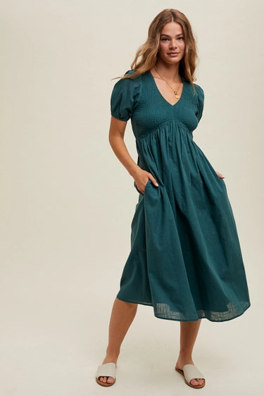 Wishlist Textured Puff Sleeve Midi Dress - Teal Green