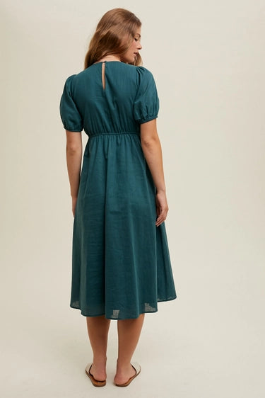 Wishlist Textured Puff Sleeve Midi Dress - Teal Green