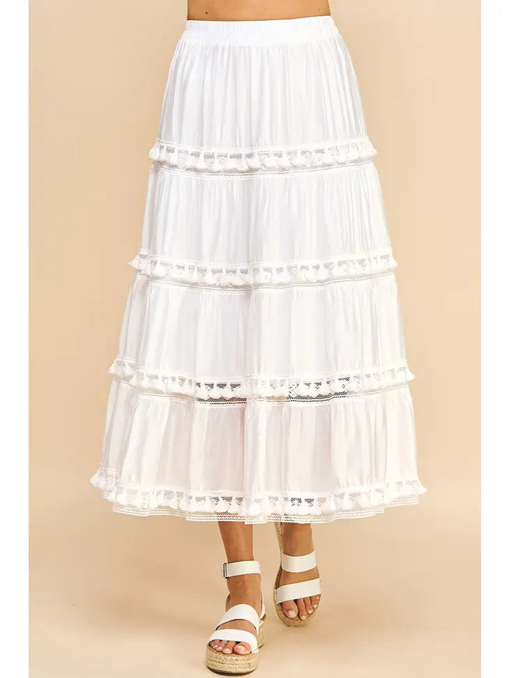 Pinch Tiered Tassel Maxi Skirt - White