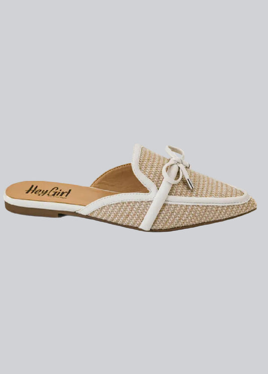 Pointed Woven mule slide on sandal with white bow strap