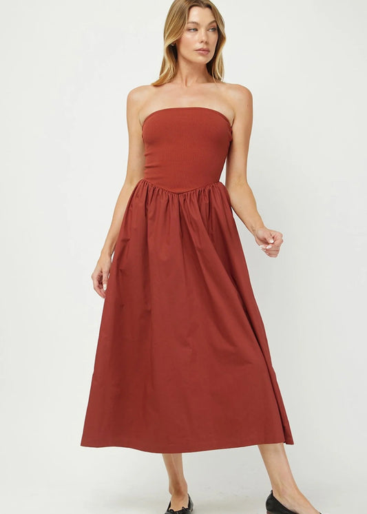 Needii Ribbed Contrast Tube Dress - Rust