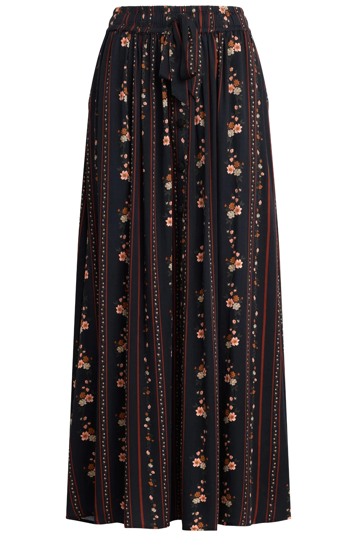 Bila 77 Via Niccola Elastic Tie Waist Maxi Black with Red Flowers Skirt