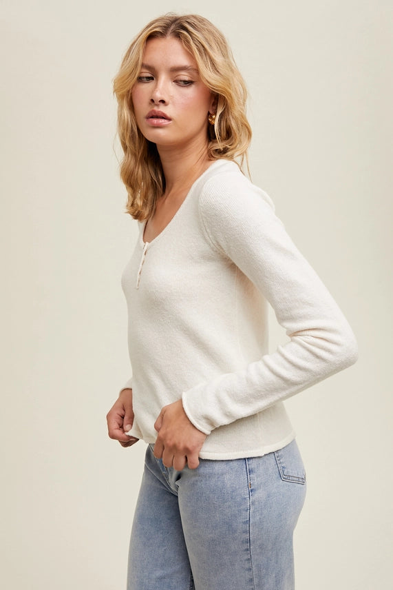 Wishlist Brushed Yarn Button-Up Sweater - Cream