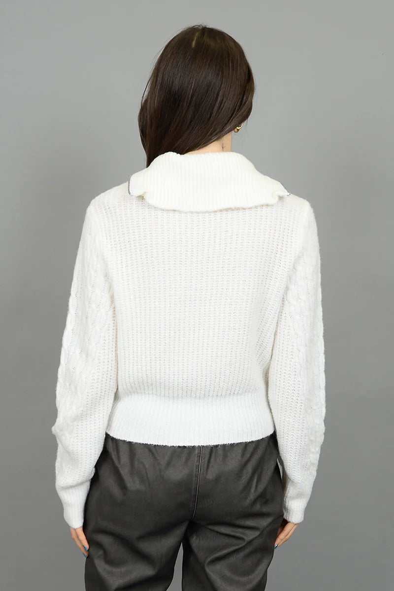 RD Style Xenia Long Sleeve Crewneck Zip-Up Cardigan - Winter White