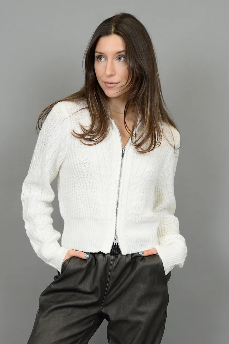 RD Style Xenia Long Sleeve Crewneck Zip-Up Cardigan - Winter White