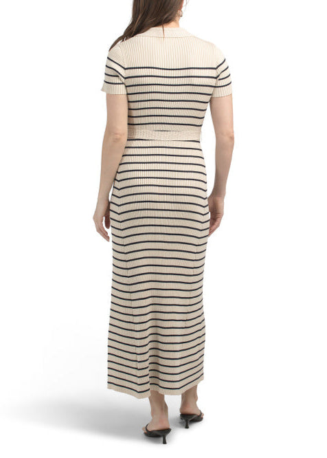 Zoe & Claire Short Sleeve V-Neck Collared Belted Maxi Dress
