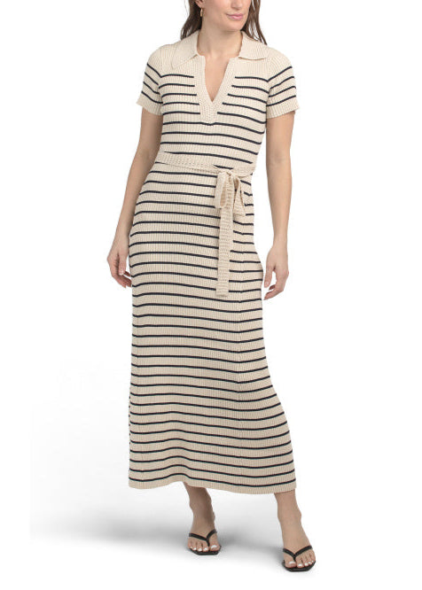 Zoe & Claire Short Sleeve V-Neck Collared Belted Maxi Dress